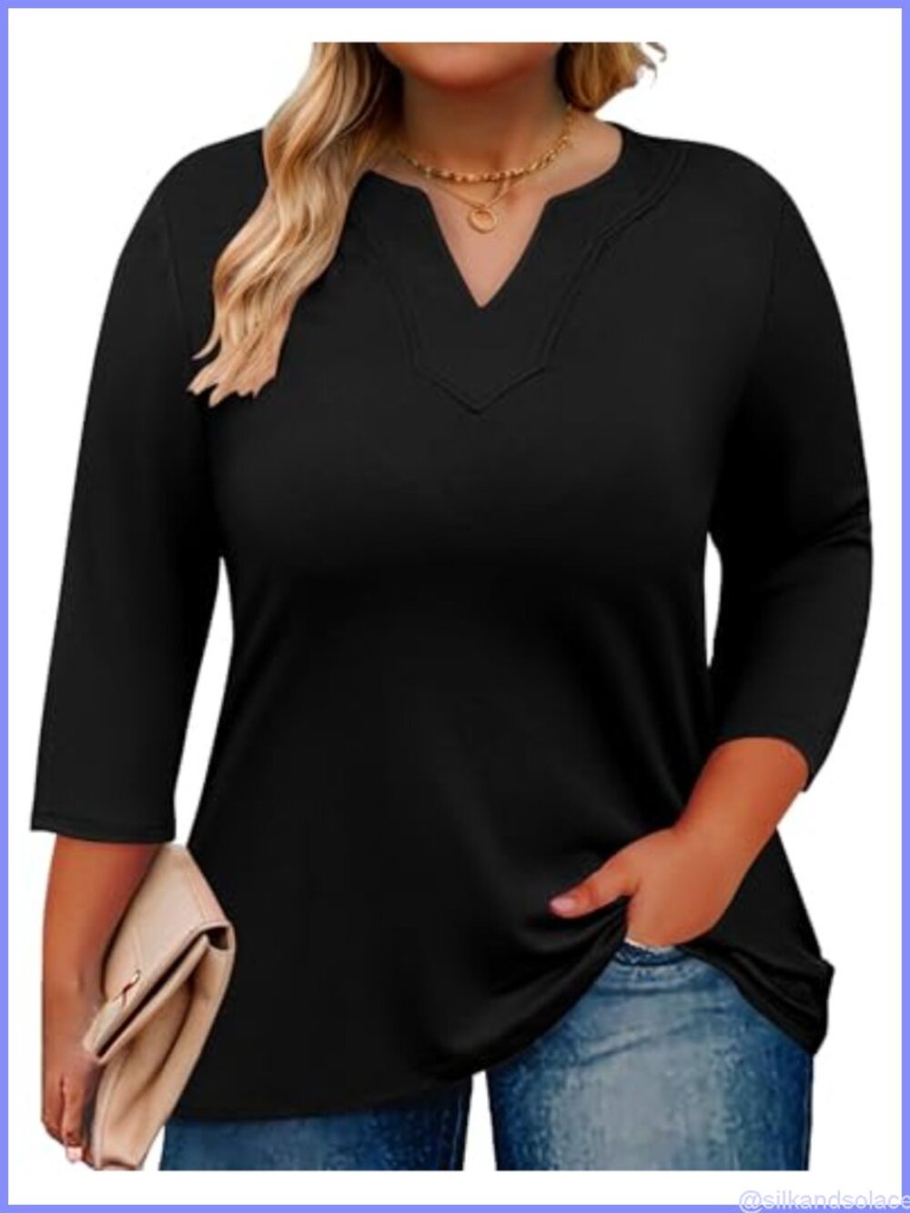 Plus Size 3/4 Sleeve V Neck Tunic Blouse Loose Fit Curved Hem Casual Top